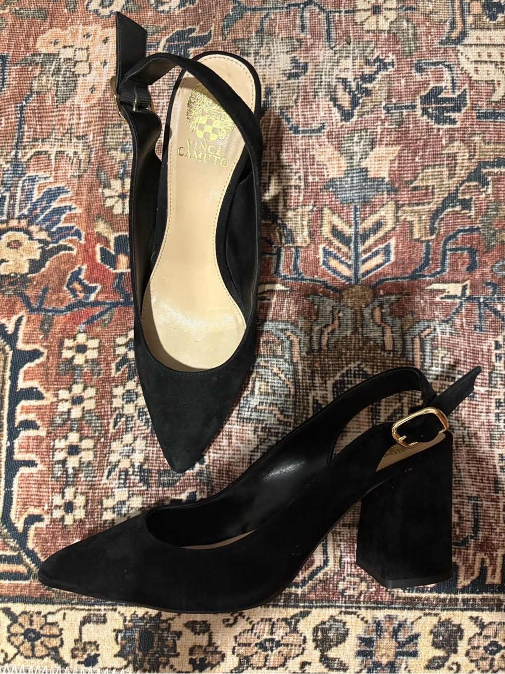 Classic Black Suede Slingback Block Heel Pumps - Picture 3 of 6